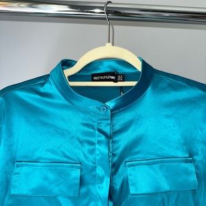 Pretty Little Thing Silk Teal Satin Crop Button Up